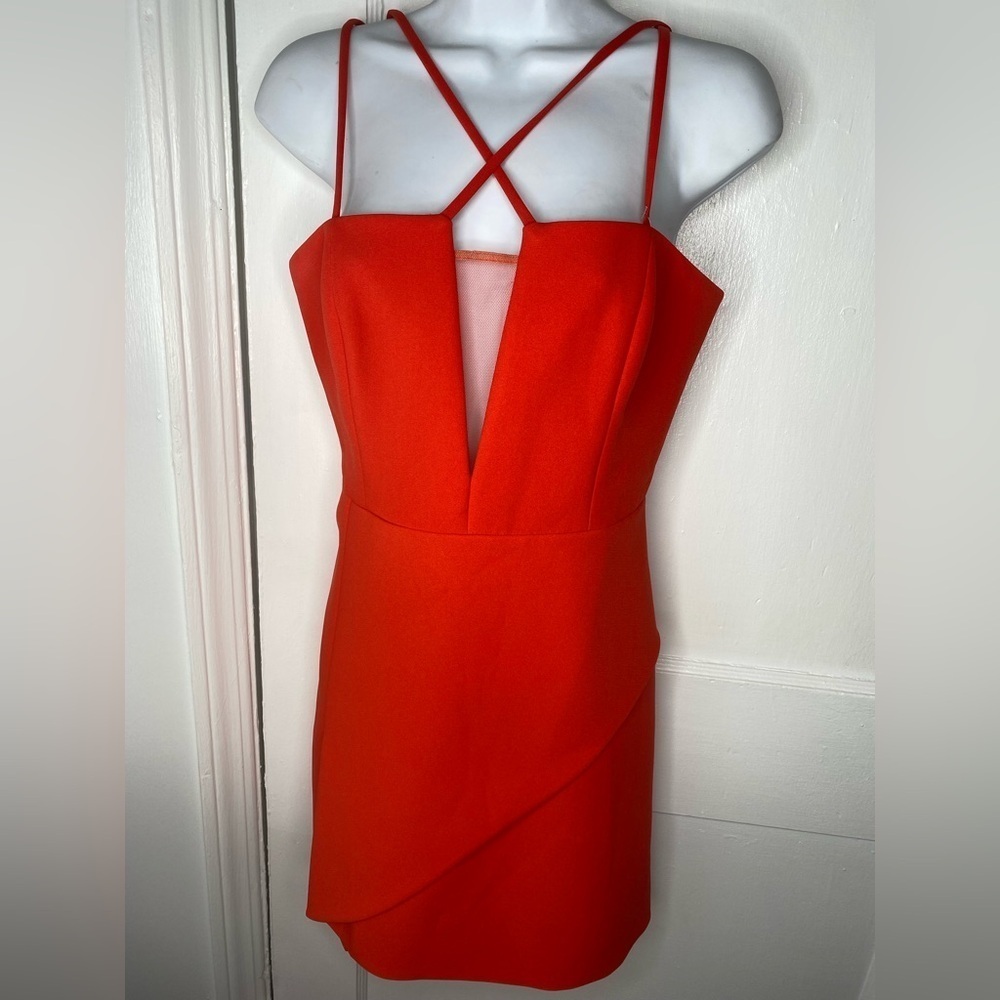 BCBGMAXAZRIA Revolve Linzee Bright Red Orange Strappy Dress With Netting